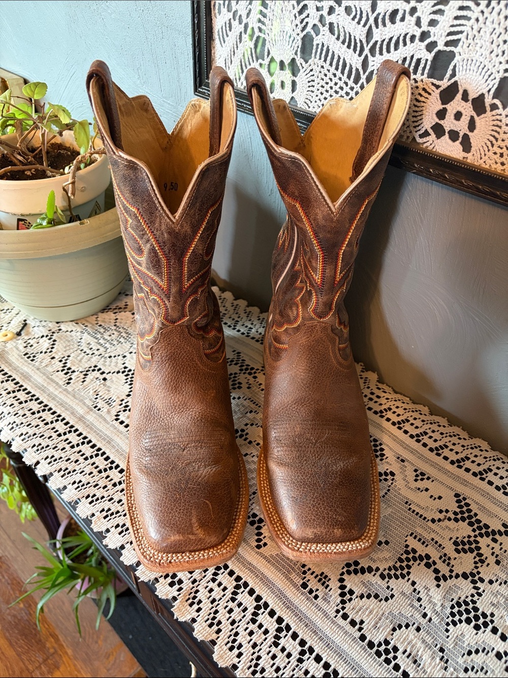 Ariat Brown Leather Western Cowboy Boots with Multicolor Stitching - Picture 3 of 7